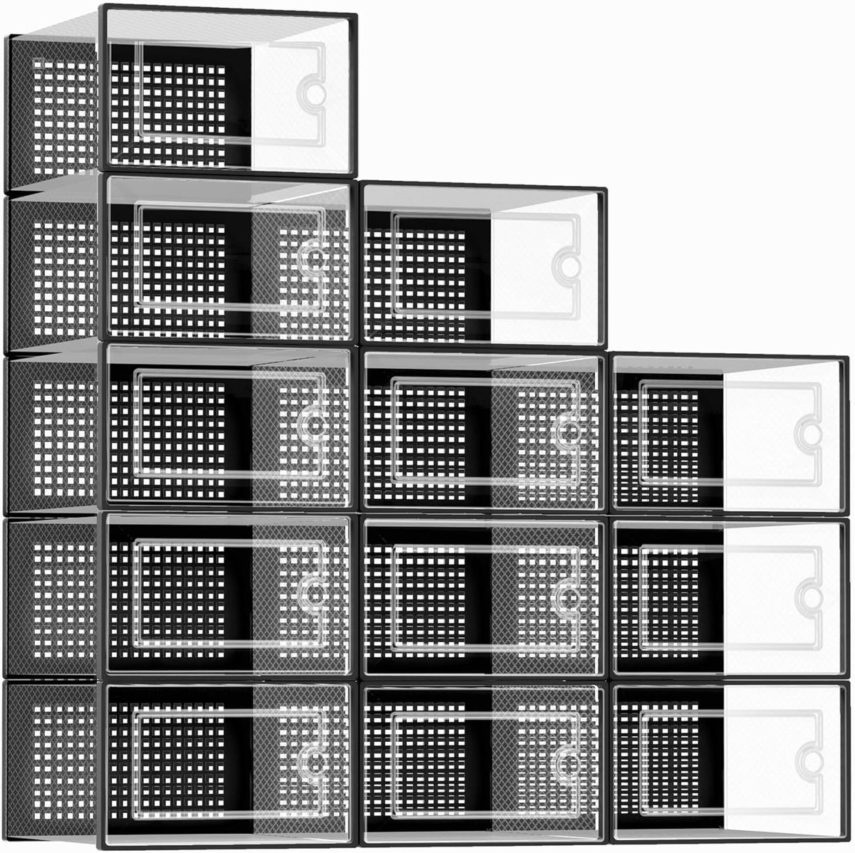 12-pack set of clear abs plastic shoe boxes with reinforced frame (holds 22 lbs/box)