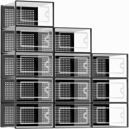 12-pack set of clear abs plastic shoe boxes with reinforced frame (holds 22 lbs/box)