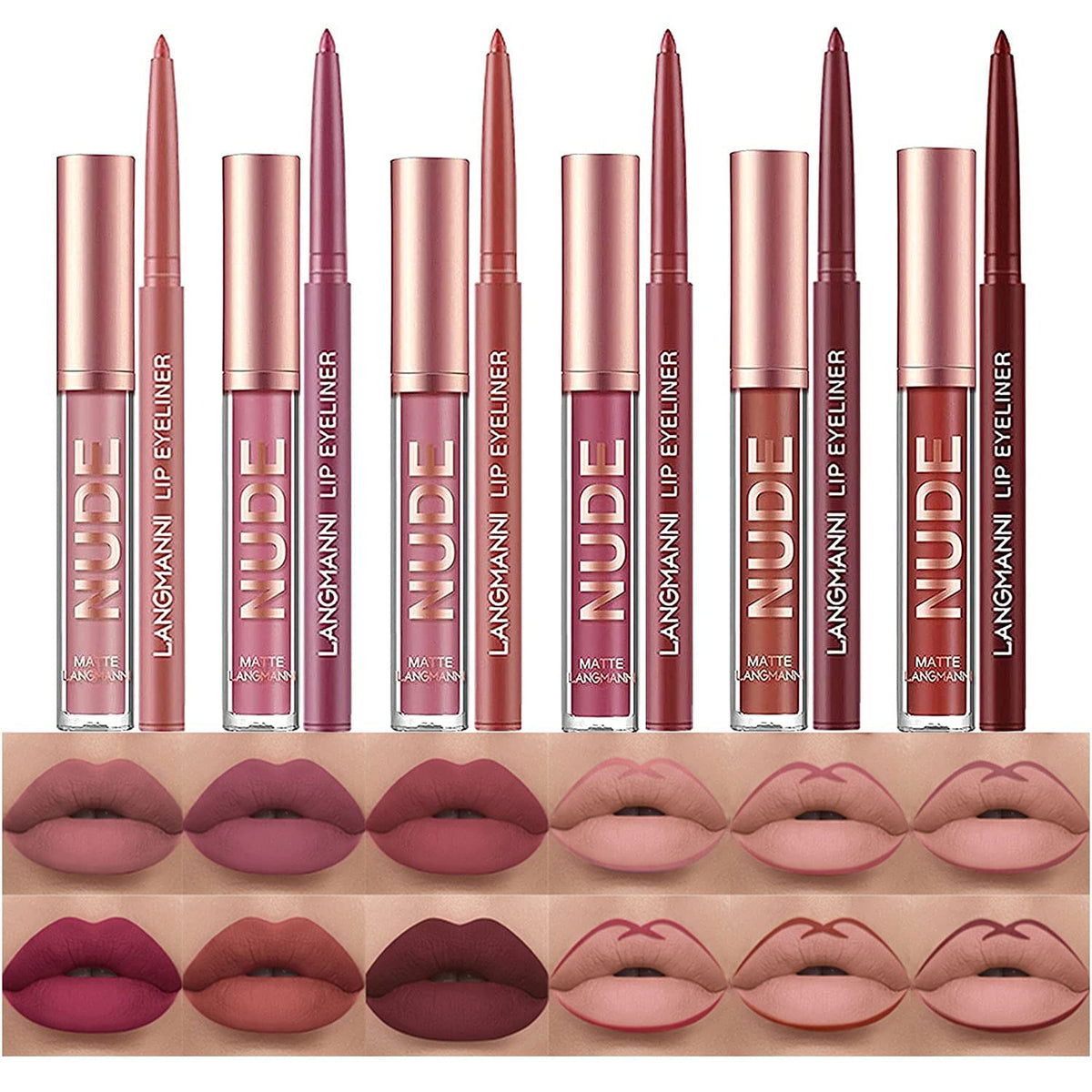12-piece (or 3/6-piece) bundled set pairing matte liquid lipsticks with coordinating lip liner pens