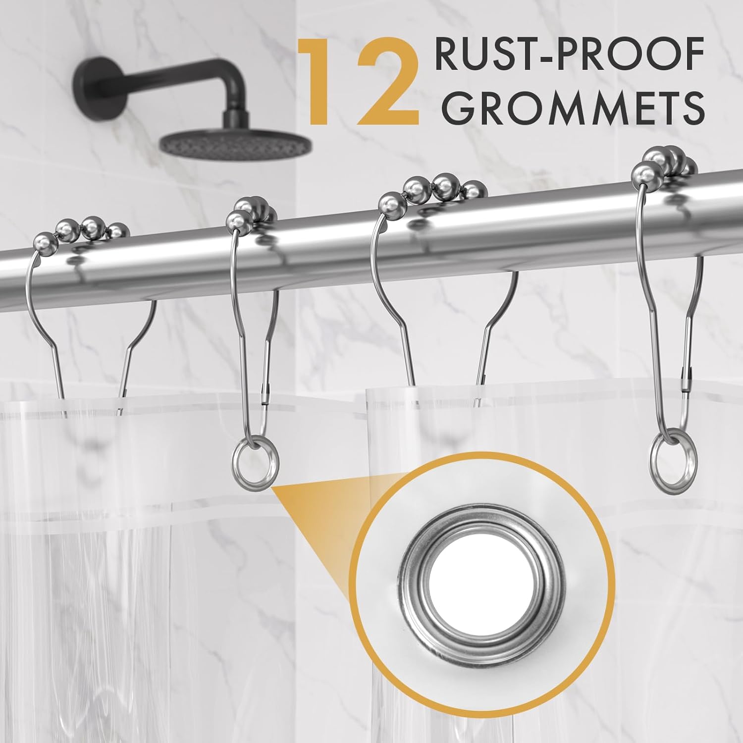 12 rustproof metal grommets compatible with standard and decorative hooks
