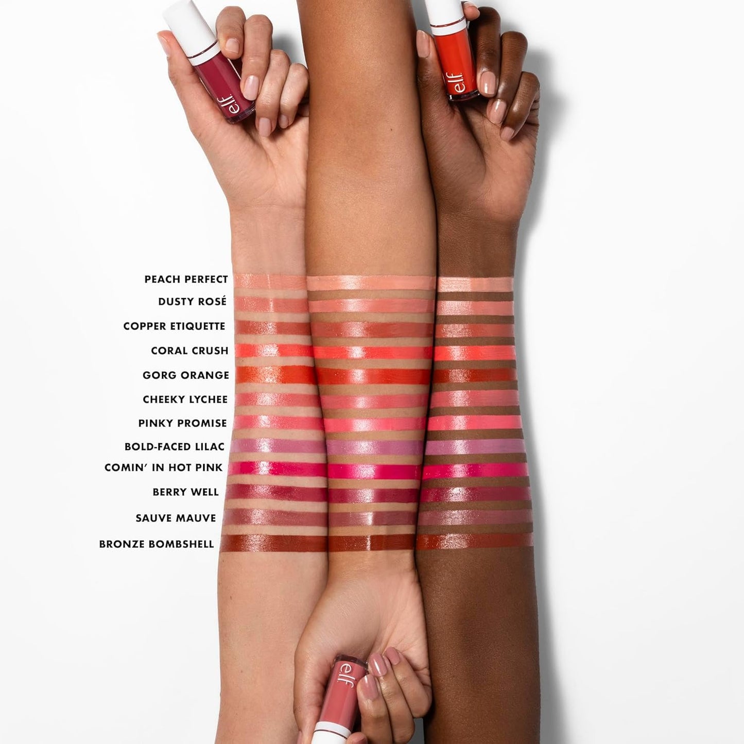 12 shade variants (berry well, pinky promise, bronze bombshell, coral crush, suave mauve, gorg orange, comin' in hot pink, peach perfect, dusty rosé, copper etiquette, cheeky lychee, bold-faced lilac) all in 0.13 fl oz tube size