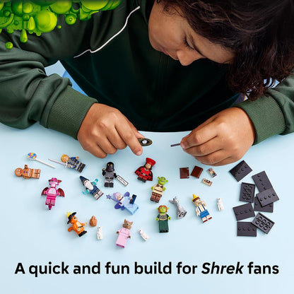12 unique shrek characters to collect including shrek, fiona, donkey, pinocchio, gingy, dragon, puss in boots, thelonious, big bad wolf, merlin, lord farquaad, fairy godmother, and prince charming