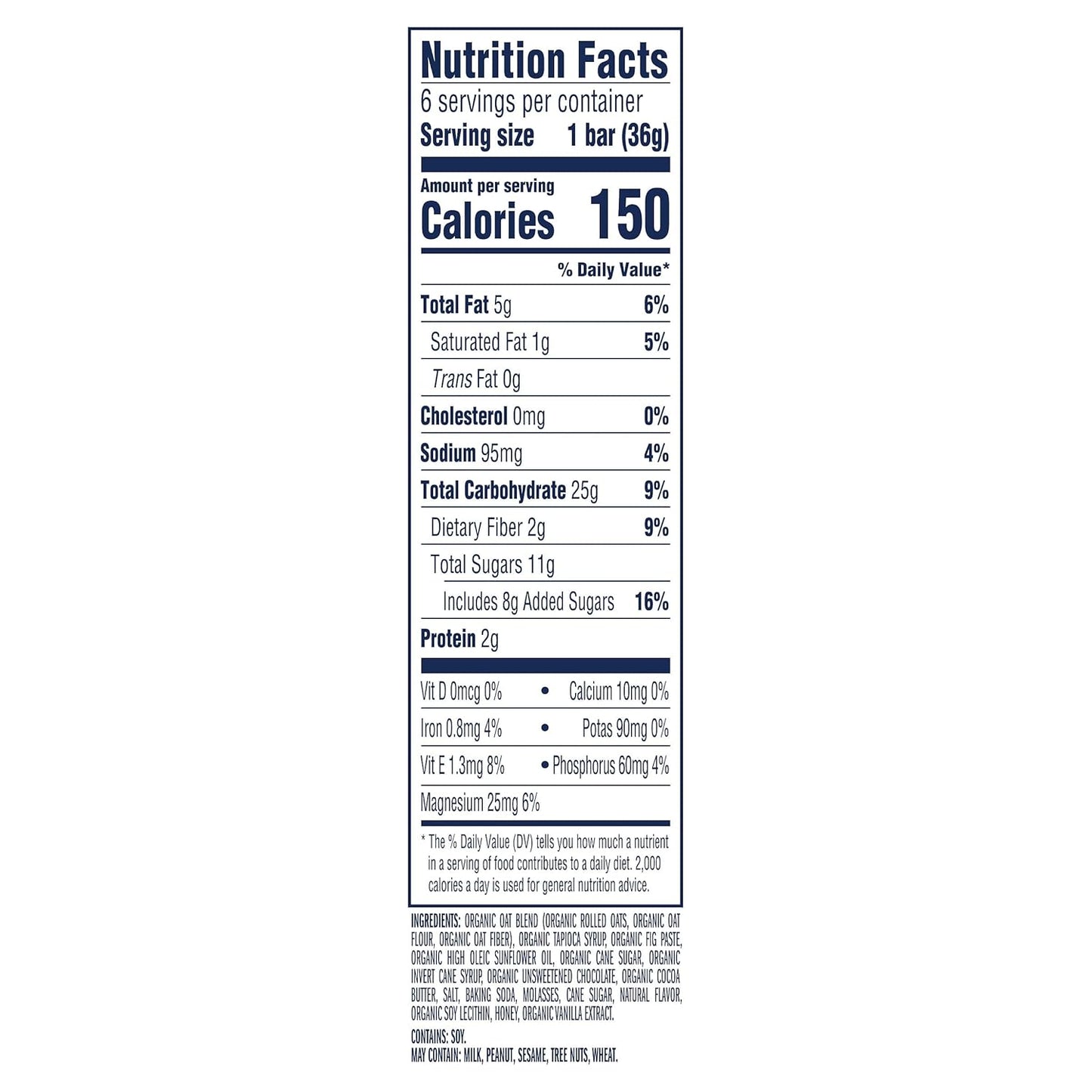 12g whole grains per bar from organic rolled oats, oat flour, and oat fiber