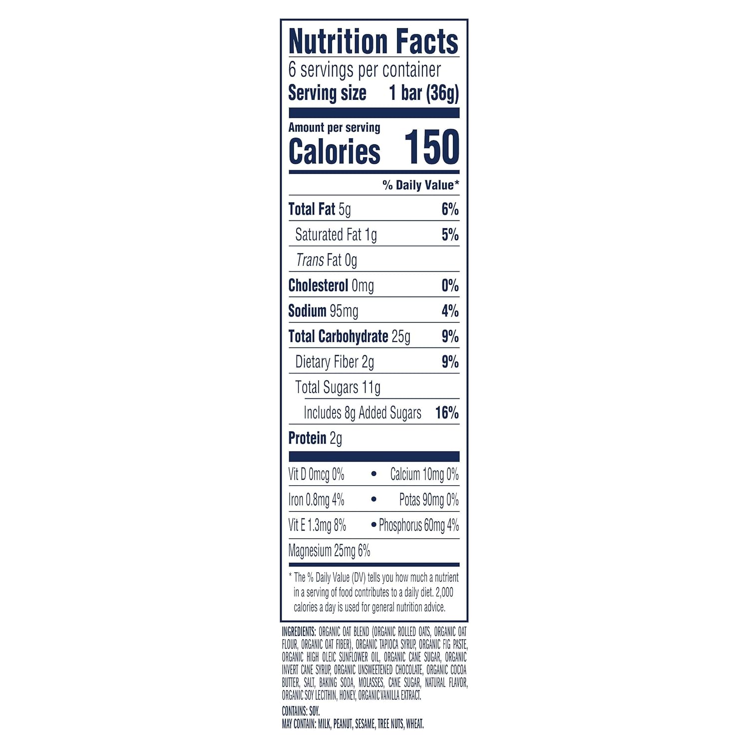 12g whole grains per bar from organic rolled oats, oat flour, and oat fiber
