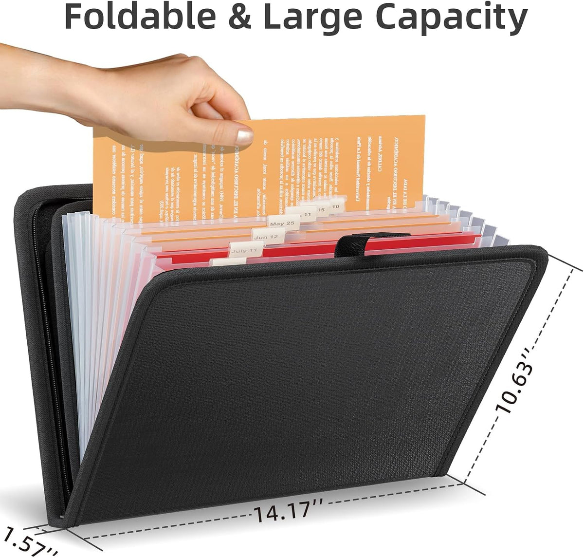 13-pocket accordion layout with 1/3-cut top tabs and 50-sheet fastener capacity
