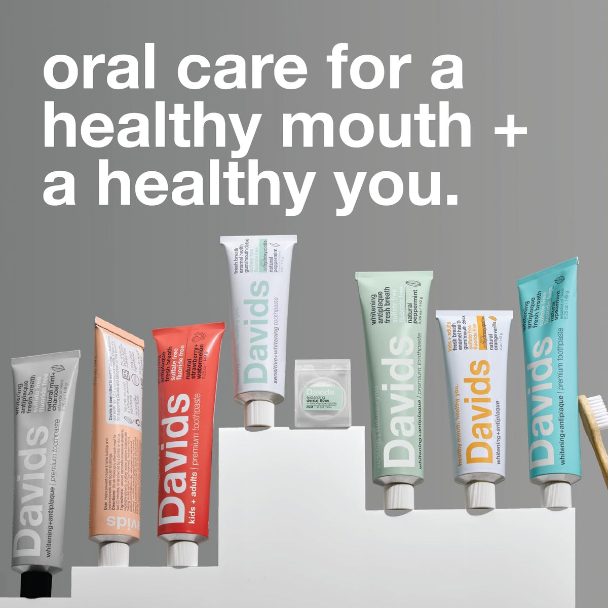 13 variants spanning 8 flavors (sensitive mint, mild mint, whitening peppermint, spearmint, strawberry watermelon, orange vanilla, bold cinnamon, unflavored) and multiple sizes (1.75oz, 4oz, 5.25oz) in single or 3-pack bundles