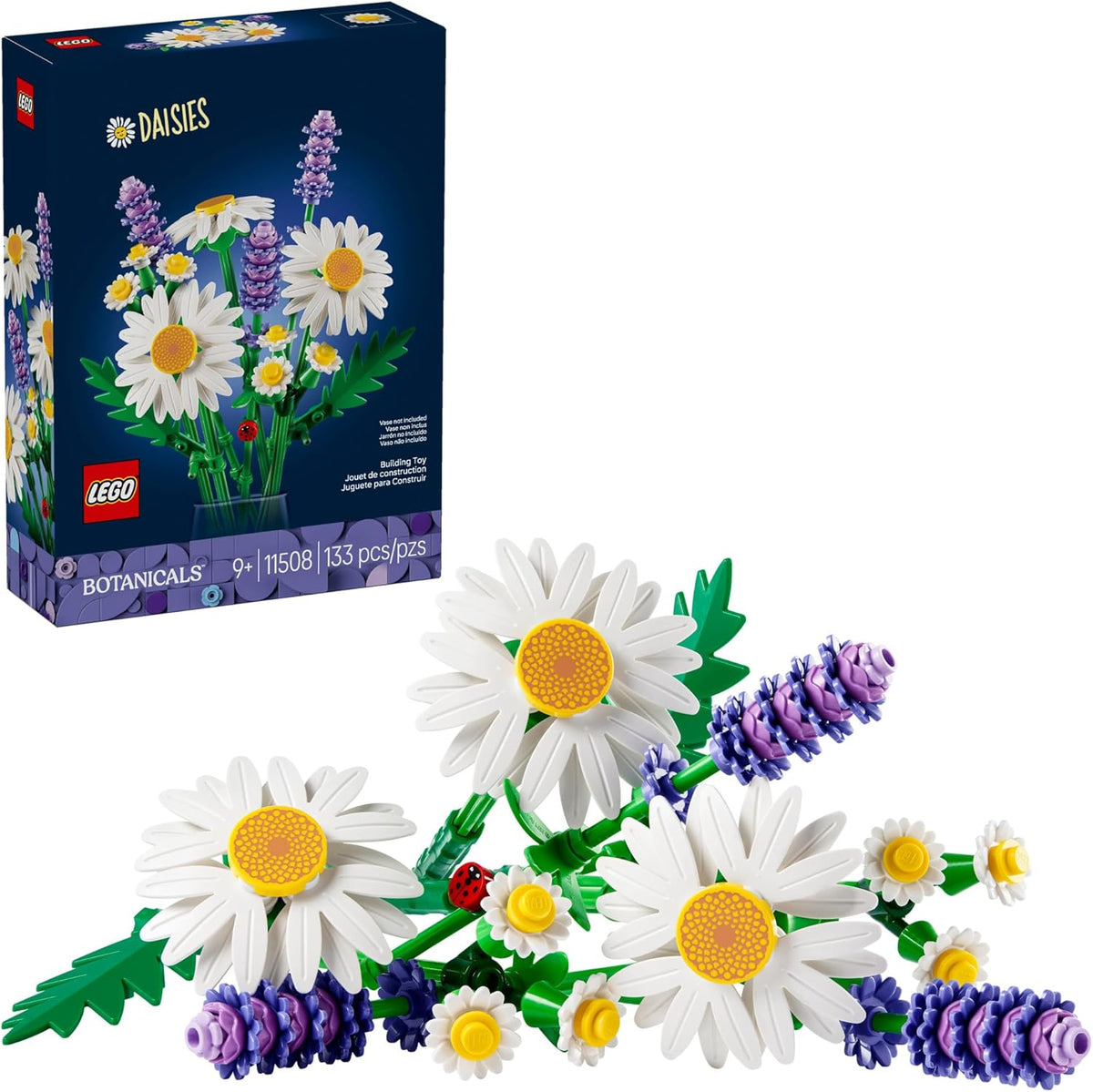 133-piece building kit with 3 large daisies, 2 small daisy stems and 3 lavender stems
