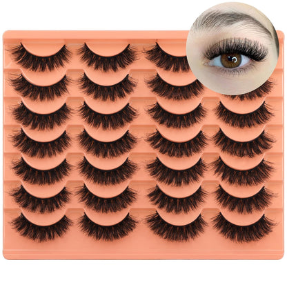 14 pairs per pack spanning 7 style variants (natural round, thick dramatic, fuzzy, cute round, d curly strip, russian 4 mixed, natural volume)