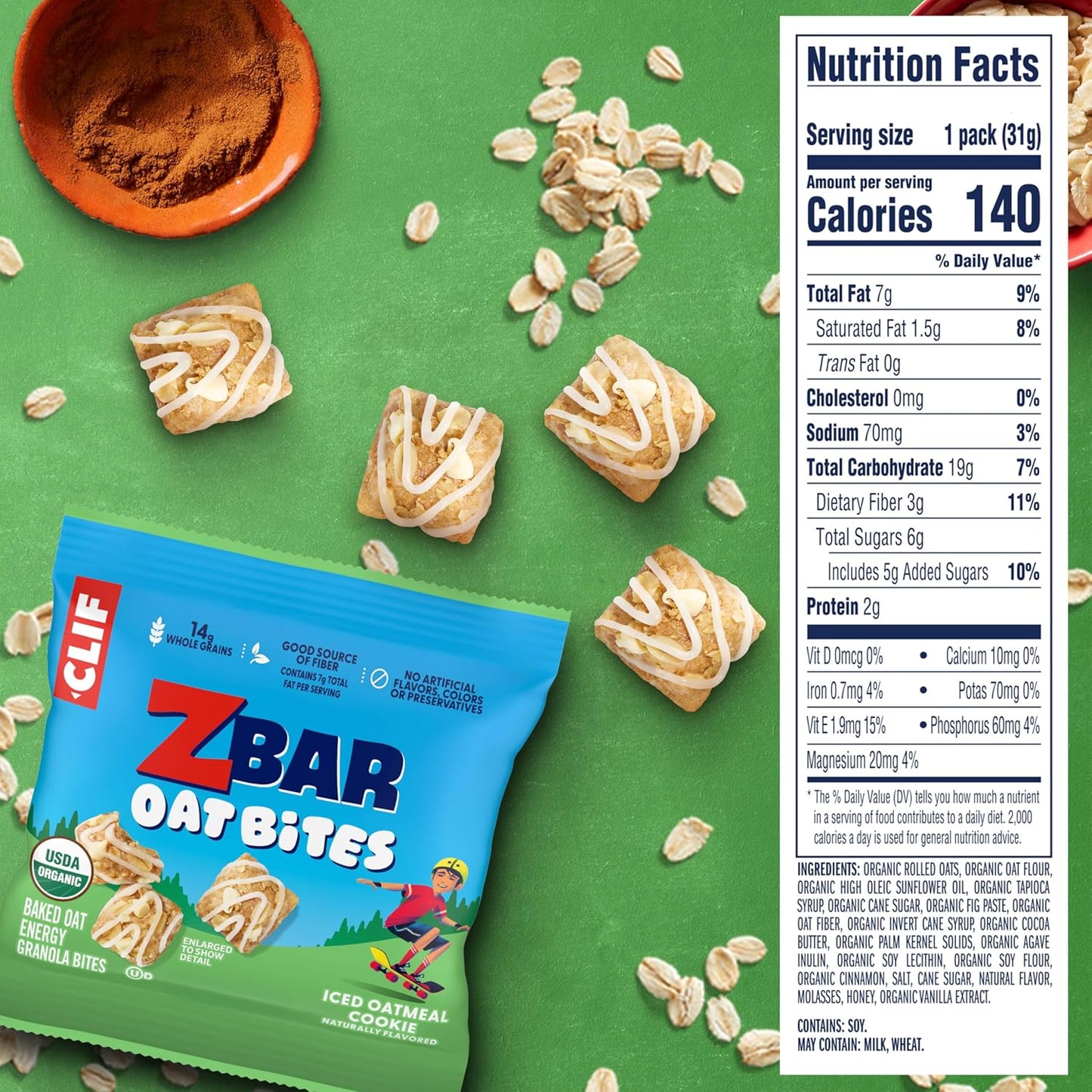 14g whole grains per pack sourced from organic rolled oats and oat flour