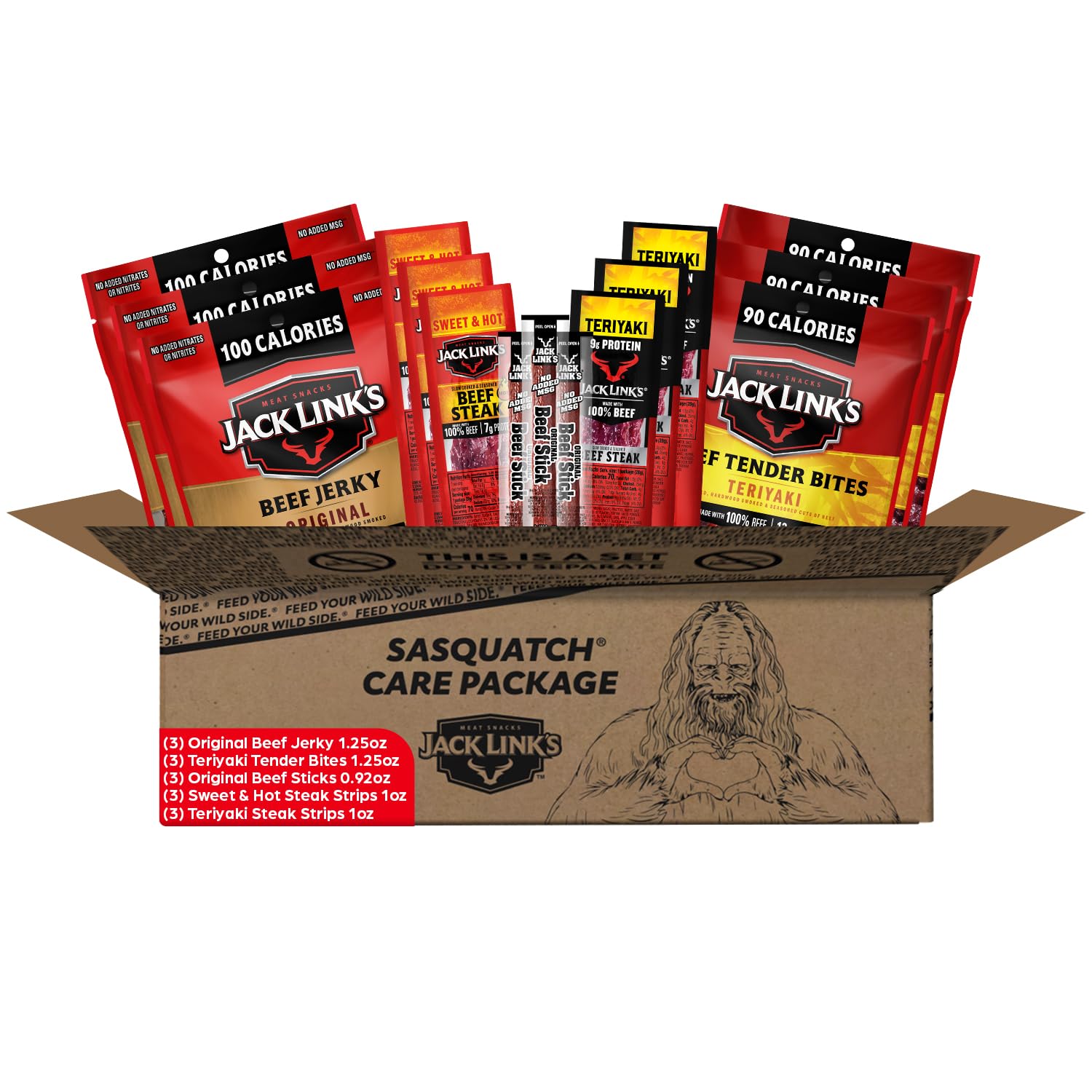 15-count variety pack covering 5 distinct skus (original jerky, original sticks, sweet & hot steaks, teriyaki steaks, teriyaki tender bites)