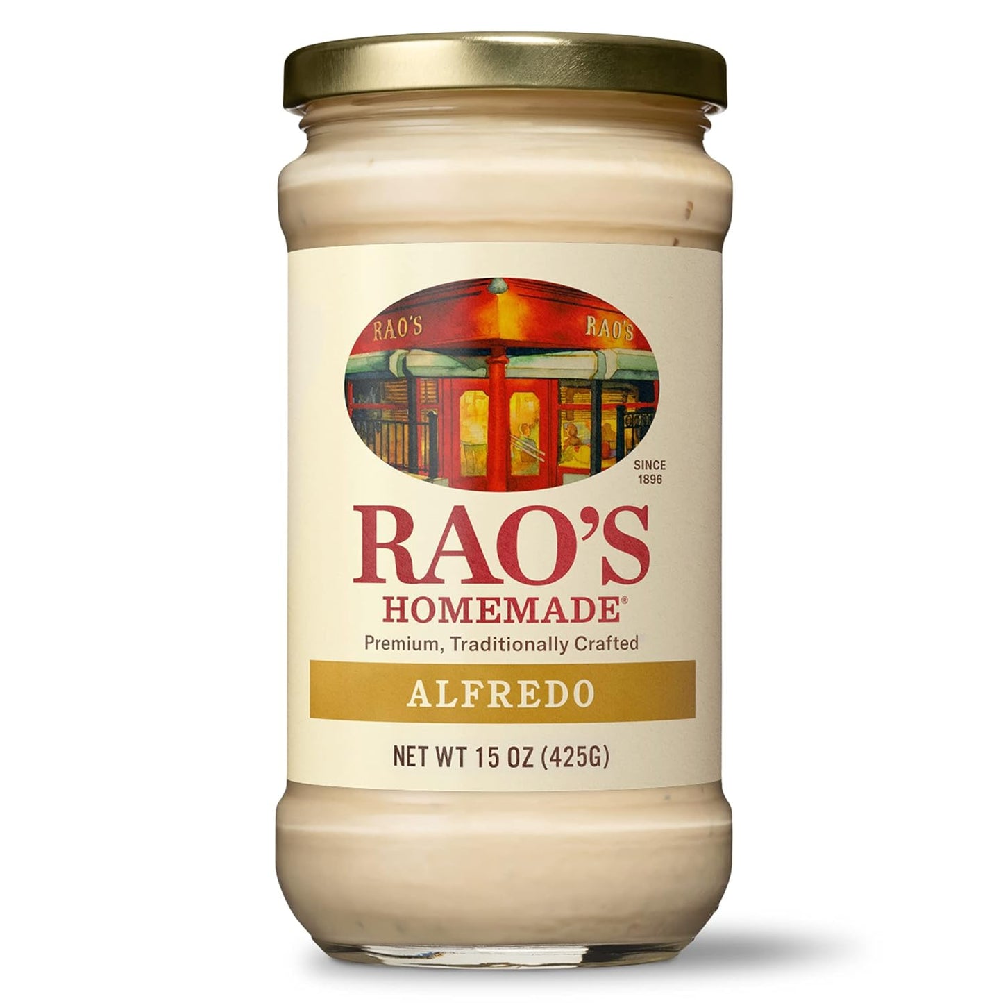 15 oz glass jar with classic alfredo formulation of cream, butter, parmesan, and romano