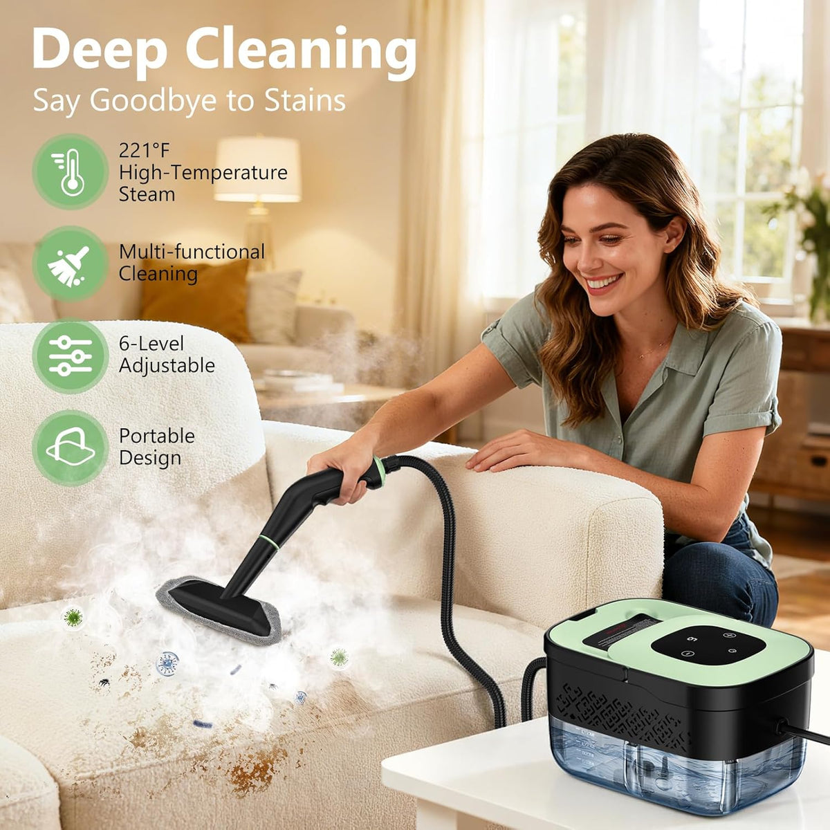 15-second heat-up time with 1.25-liter removable water tank