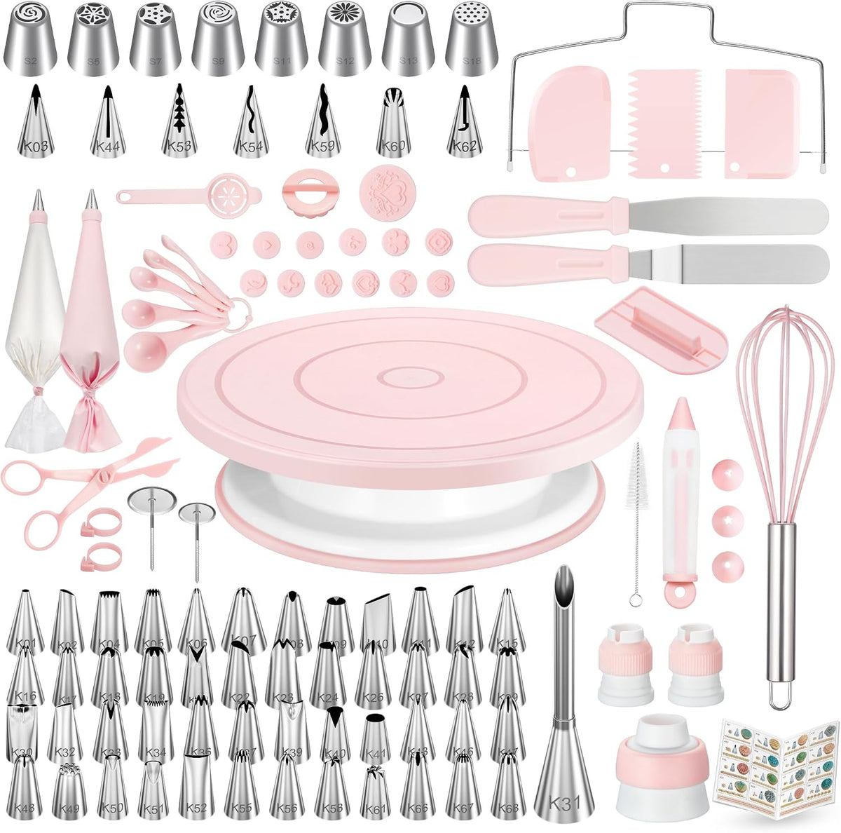 158-piece kit (or 71-piece in color-specific variants) covering turntable, tips, bags, and fondant tools