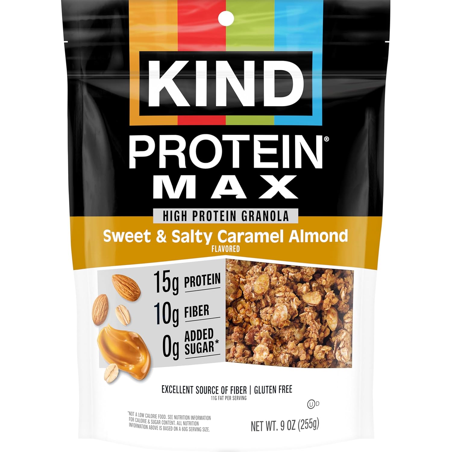 15g protein per 60g serving from soy protein isolate and almonds