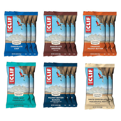 16-bar variety pack with 6 flavors (chocolate chip, crunchy peanut butter, white chocolate macadamia nut, cool mint chocolate, peanut butter banana dark chocolate, chocolate brownie)