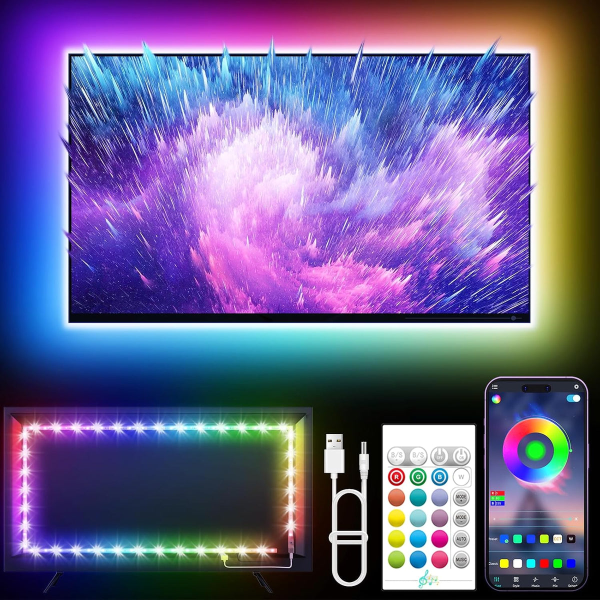 16 million color rgb led strip with app-controlled mode selection