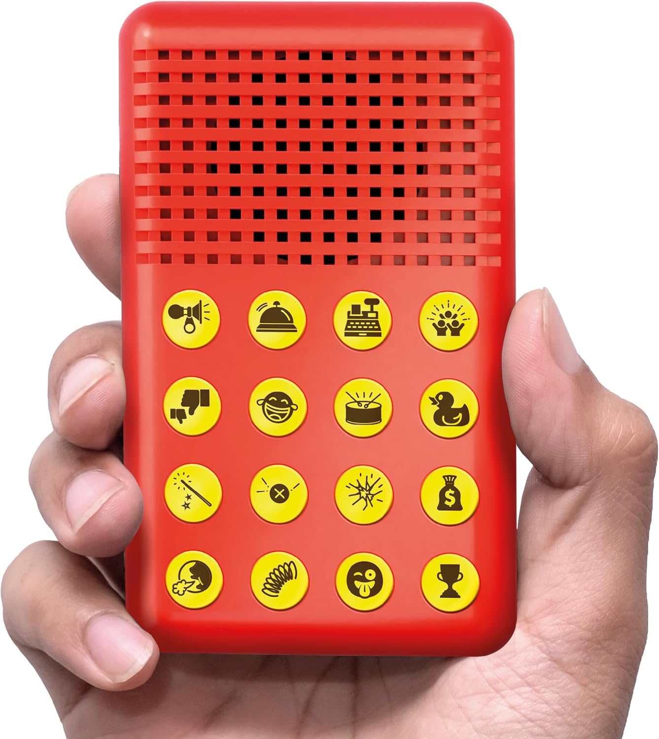 16 pre-loaded sound effects including burps, duck quacks, crowd laughter, boos, wobble sounds, and drumrolls