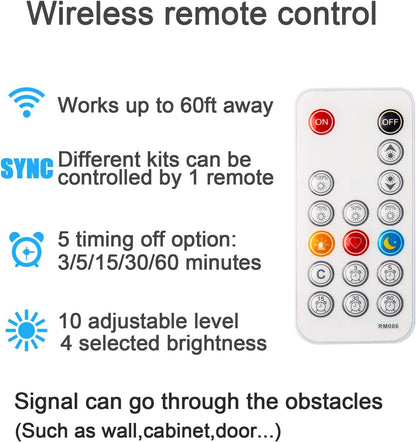 17-key rf wireless remote with dimming, hot buttons, timing off, and dynamic modes at 60 ft range