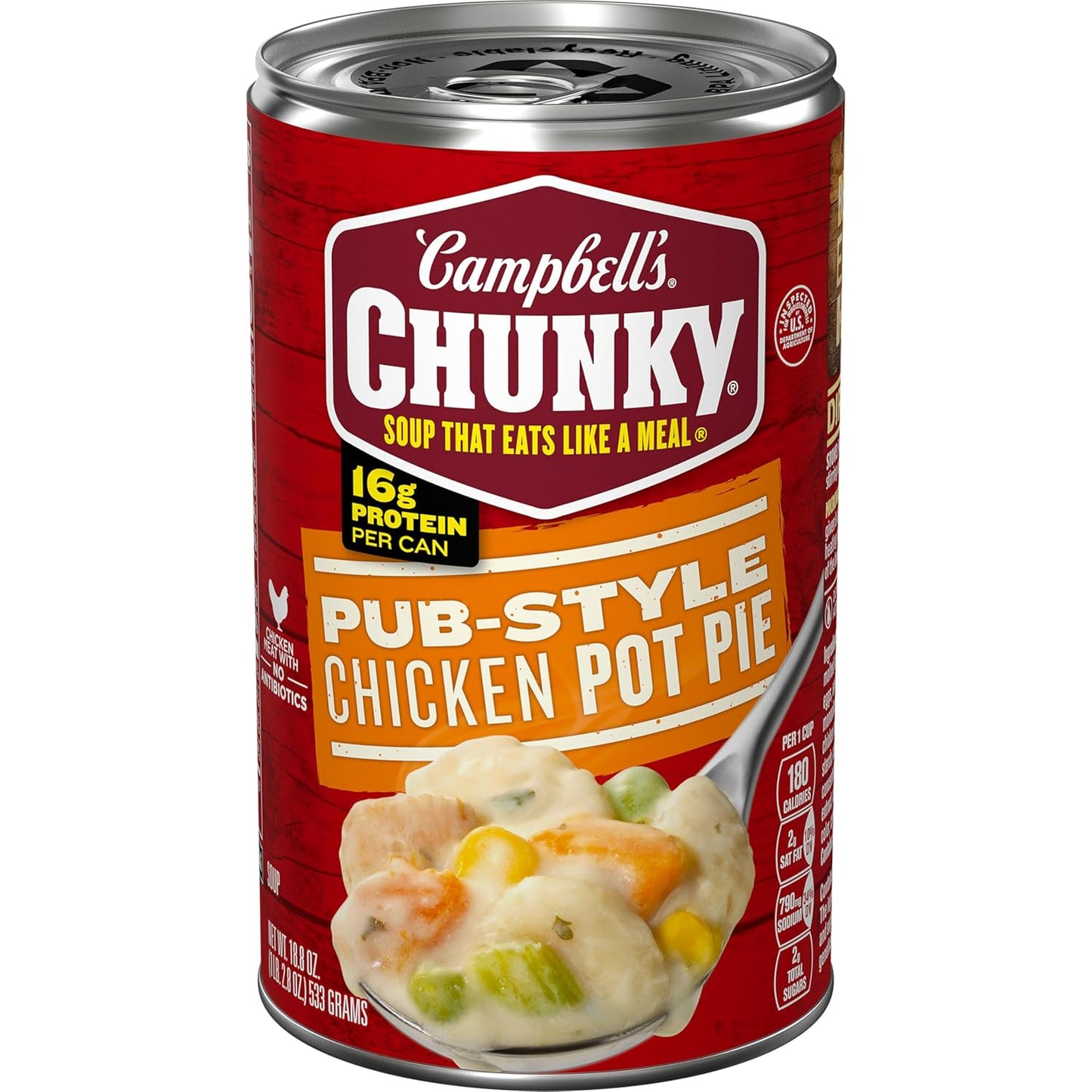 18.8 oz single-serve can in two flavor variants: pub-style chicken pot pie and buffalo style chicken mac
