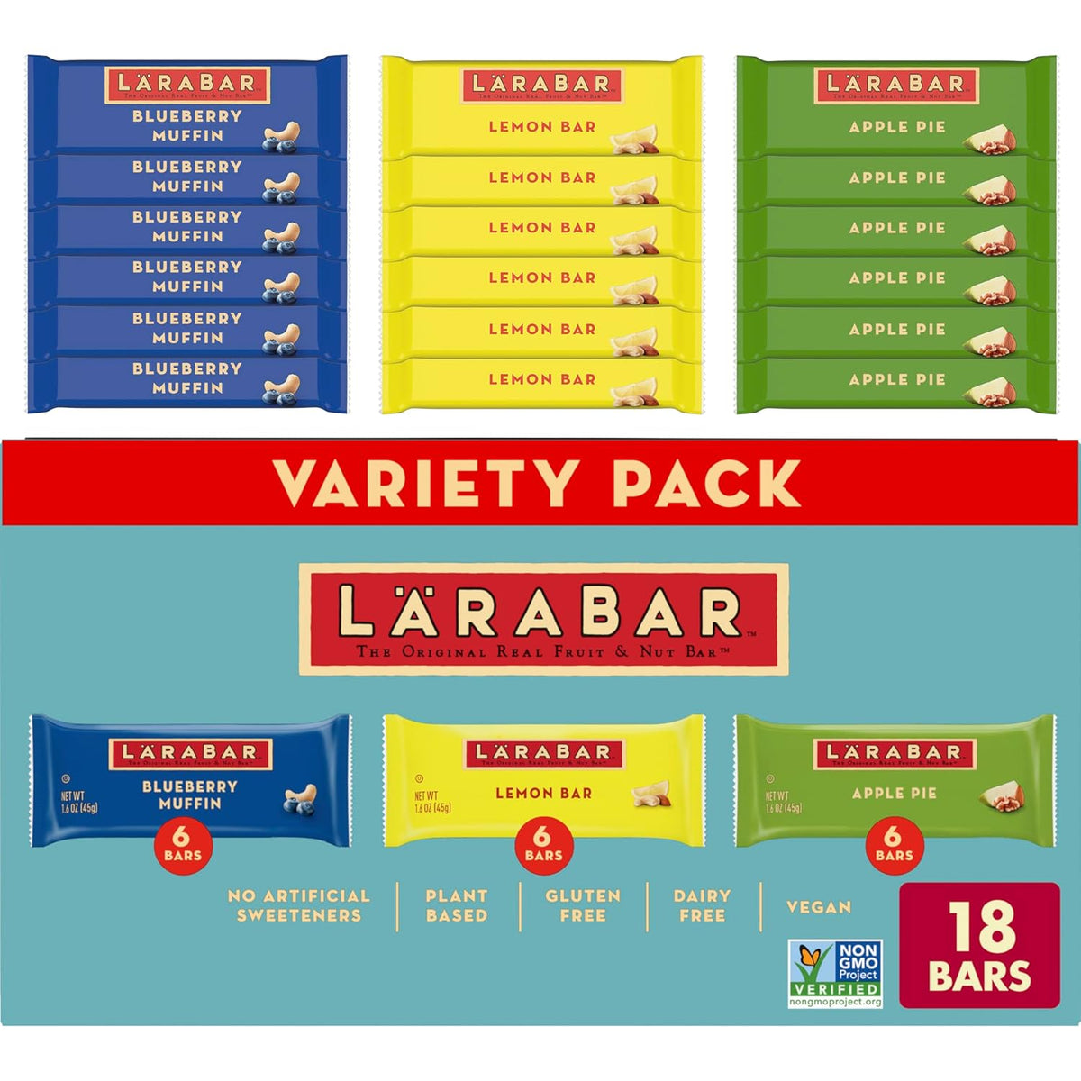 18-bar variety box with 6 bars each of peanut butter chocolate chip, peanut butter cookie, and cashew cookie