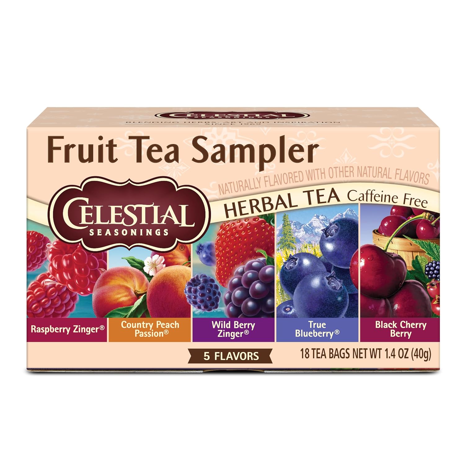 18-count box containing five fruit tea varieties: raspberry zinger, country peach passion, wild berry zinger, true blueberry, and black cherry berry