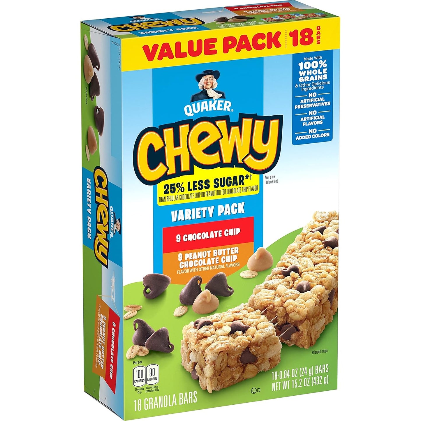 18 individually wrapped granola bars in a single box (9 chocolate chip, 9 peanut butter chocolate chip)