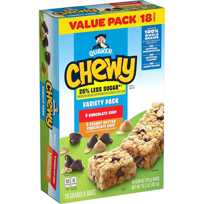 18 individually wrapped granola bars in a single box (9 chocolate chip, 9 peanut butter chocolate chip)