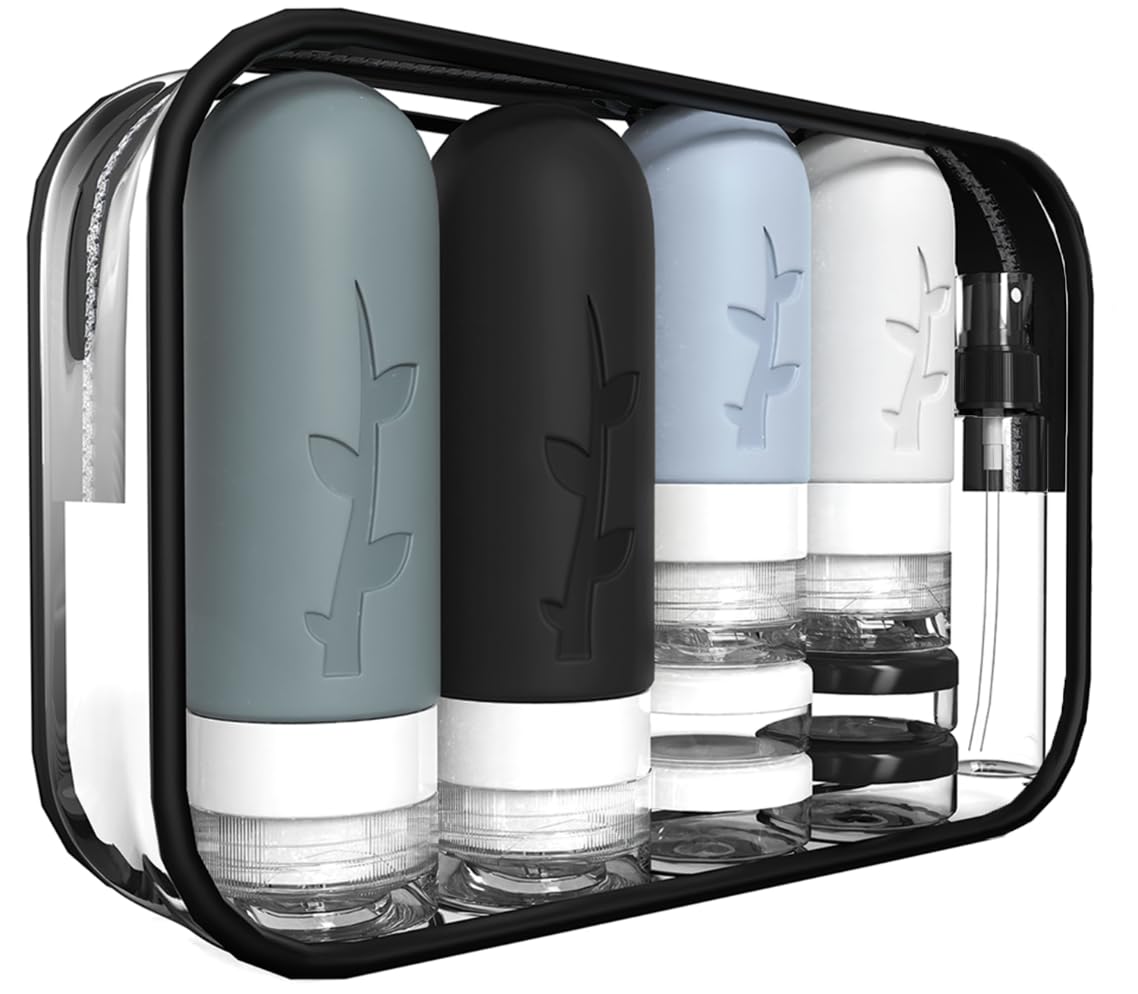 18-piece kit including 4 silicone bottles, 2 spray bottles, 4 cream jars, funnels, labels, brush, 4 spatulas, and a toiletry bag
