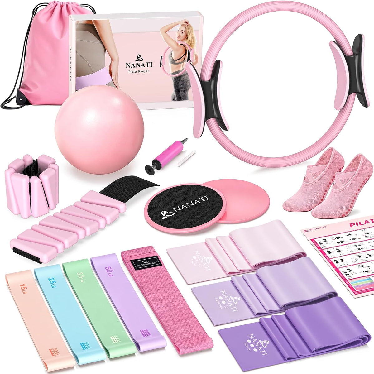 19-piece kit: 14.5" pilates ring, 9.8" yoga ball with air pump, 2 ankle/wrist weights, 2 core sliders, 5 loop resistance bands (15-60 lbs), 3 elastic bands, grip socks, storage bag, workout guide