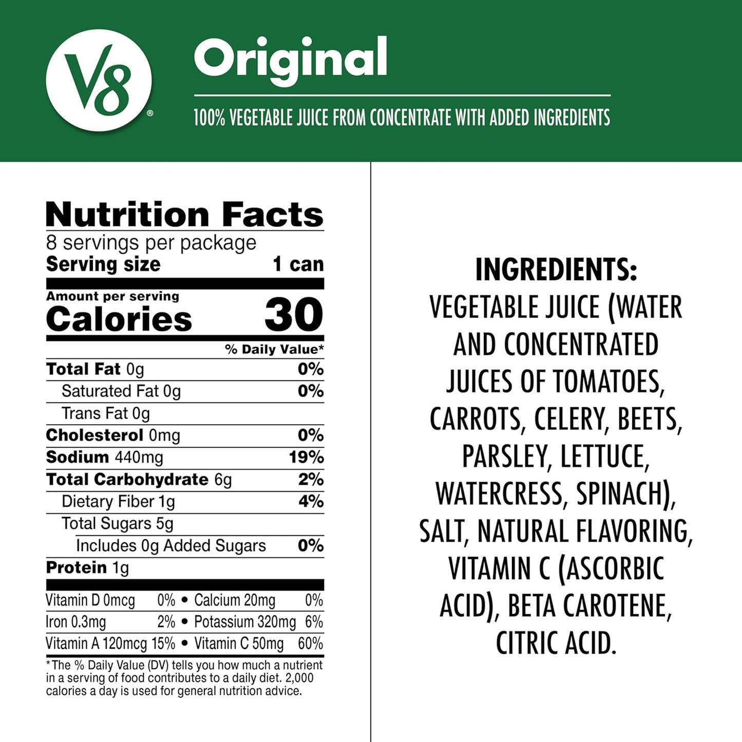 2.5 servings of vegetables and excellent source of vitamins a and c per 11.5 fl oz can