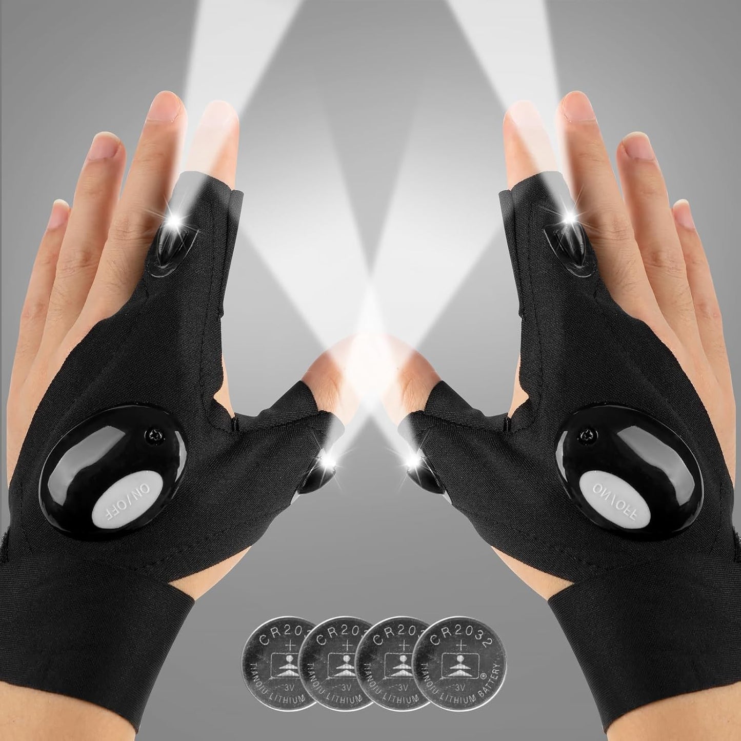 2 bright leds mounted on the index finger and thumb for directional, handsfree lighting