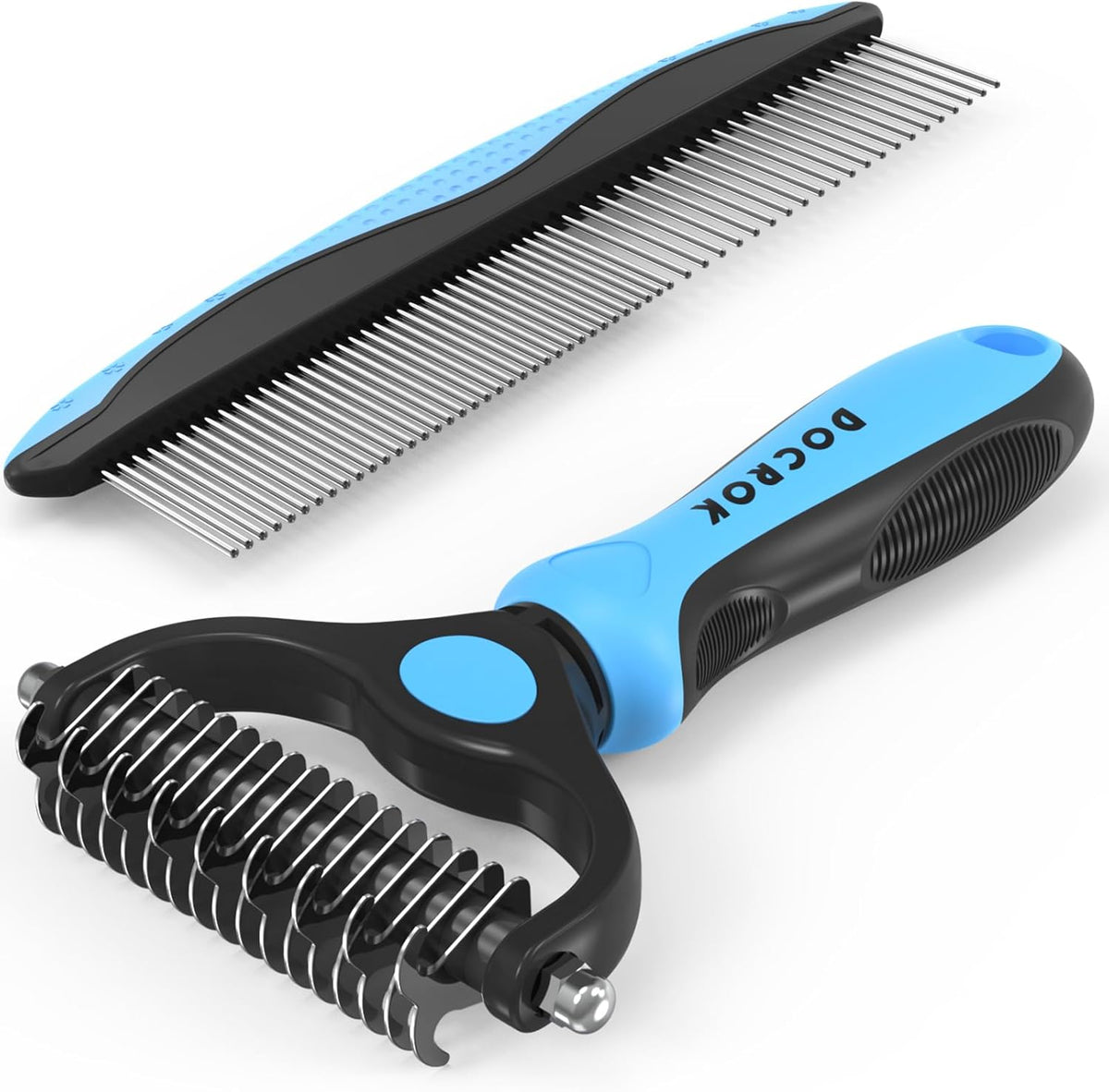 2-in-1 undercoat rake with wide side for dematting and dense side for deshedding