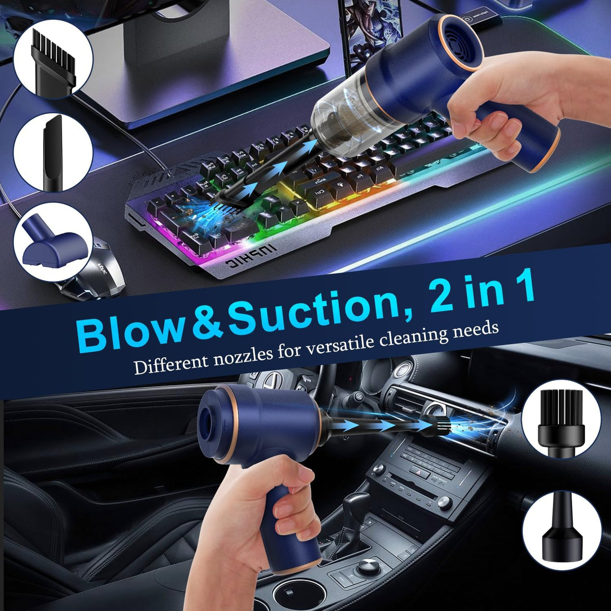 2-in-1 vacuum and air duster motor with 120w output and 60 db noise level