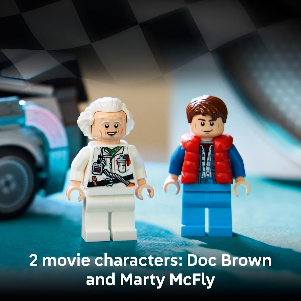 2 minifigures: doc brown and marty mcfly