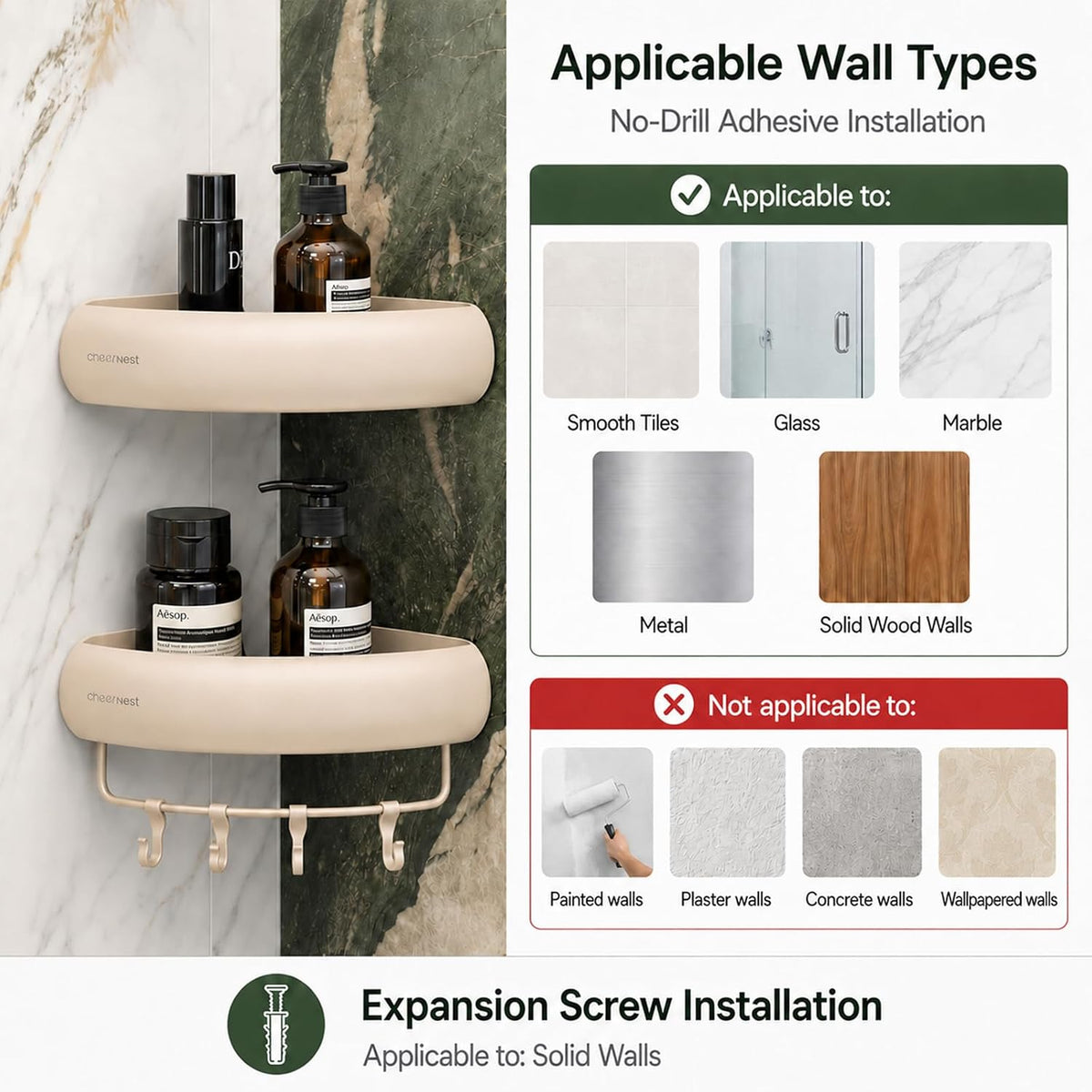 2-pack set including 2 corner shelves, 4 removable hooks, and 1 hanging bar