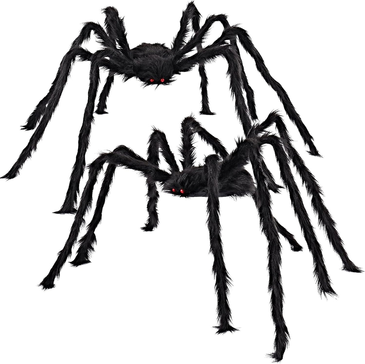 2-pack set of large hairy spiders with glowing red eyes