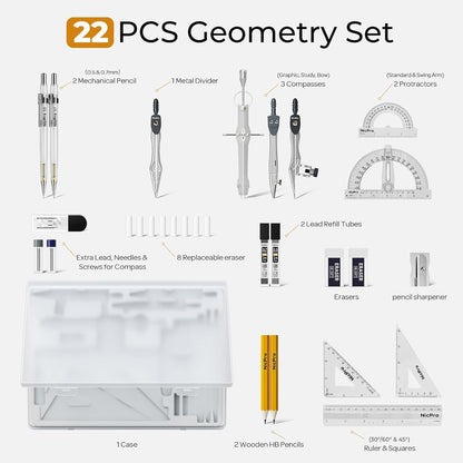 2 protractors (standard and swing arm) for measuring and drawing various angles