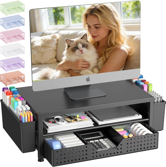 2-tier elevated platform with built-in pull-out drawer for hidden storage