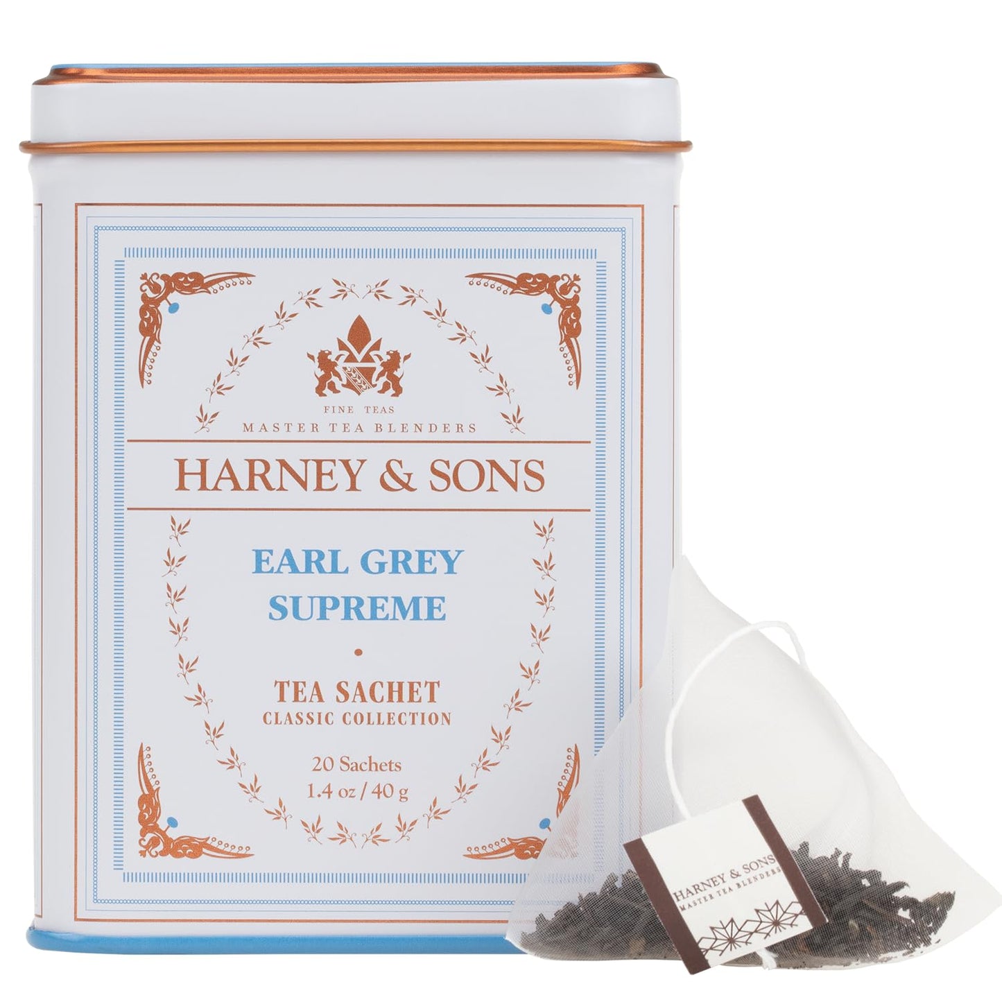 20-count silken tea sachets packaged in a premium resealable tin can