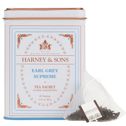 20-count silken tea sachets packaged in a premium resealable tin can