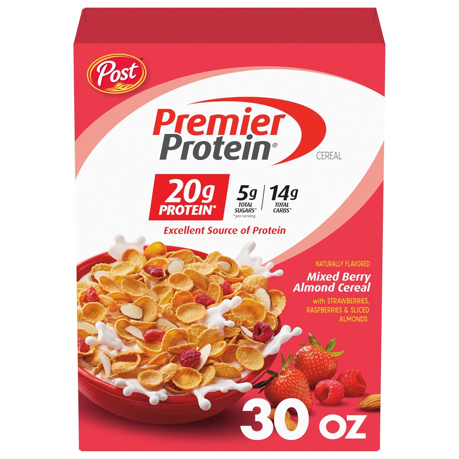 20 grams of protein per serving from wheat protein isolate, pea protein concentrate, and almonds