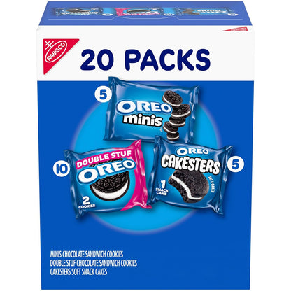 20 individually wrapped snack packs: 5 oreo minis, 10 oreo double stuf, 5 oreo cakesters