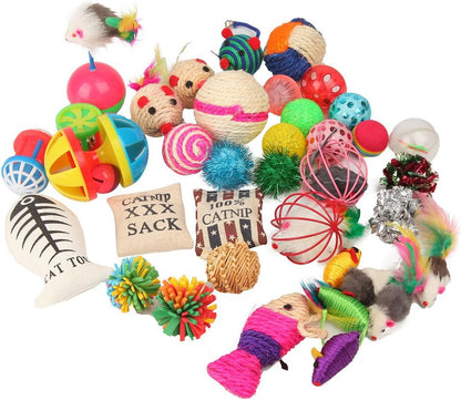 20-piece assorted toy bundle including cat wand, balls, catnip mice, rattles, and feather toys