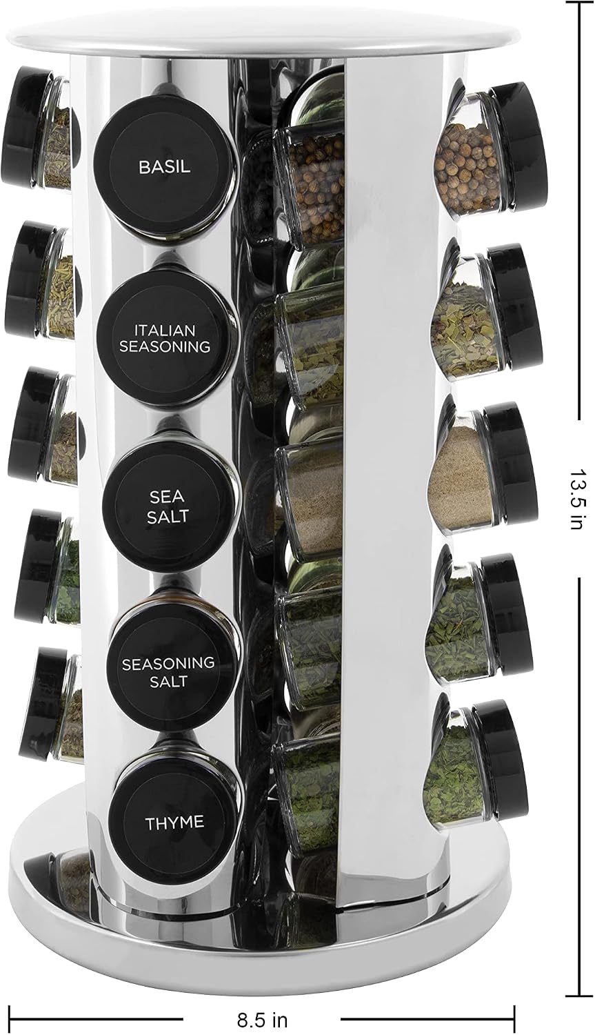 20 prefilled glass spice jars with removable sifter caps and labeled black lids