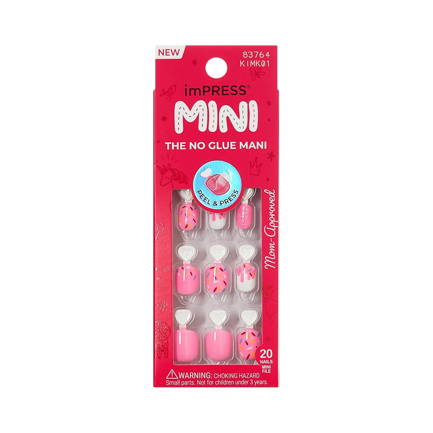 20 press-on nails per pack in squoval shape and kids sizing