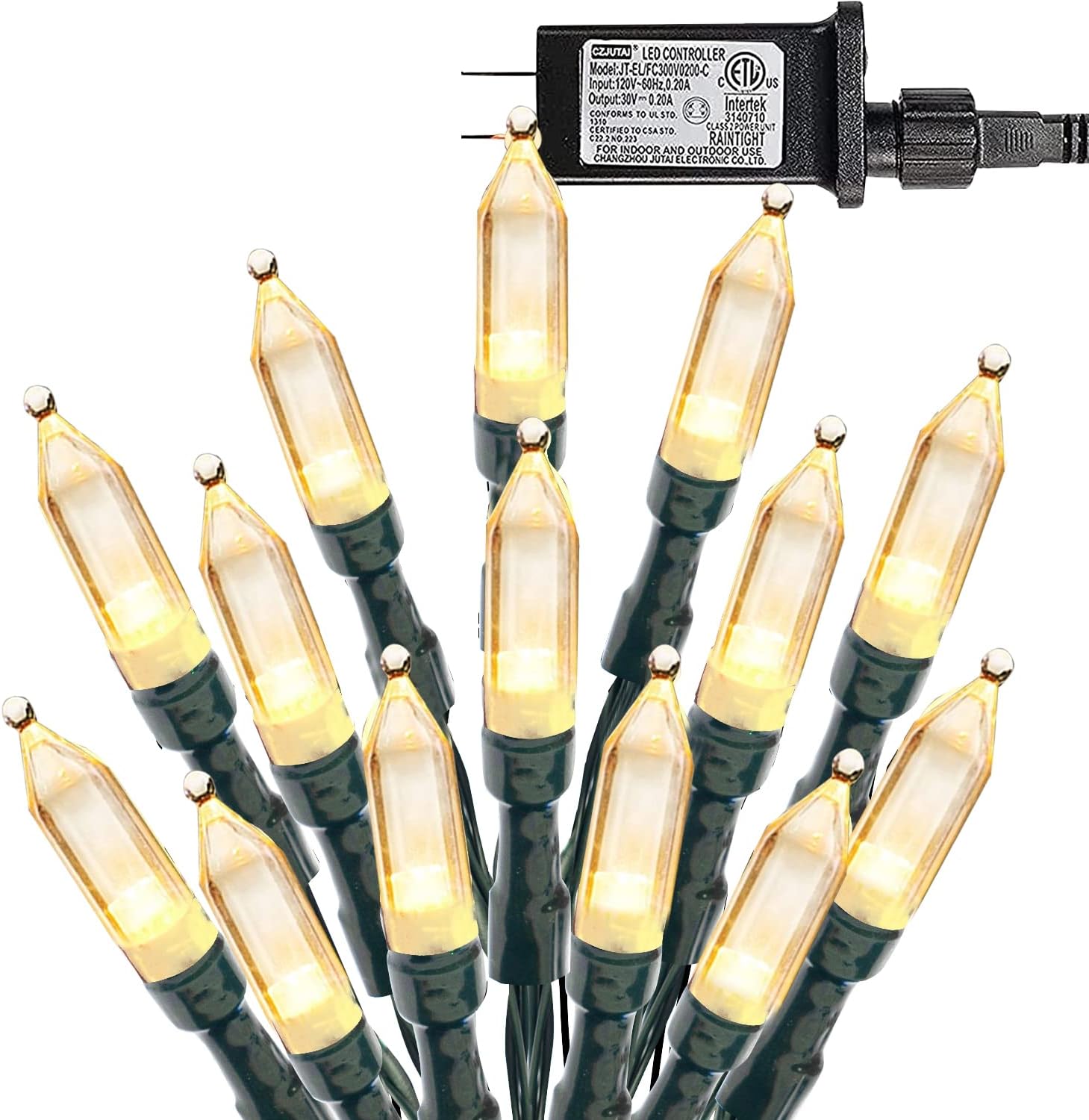 200 led mini bulbs on 65ft string with 3.9 inch spacing and 10ft lead wire