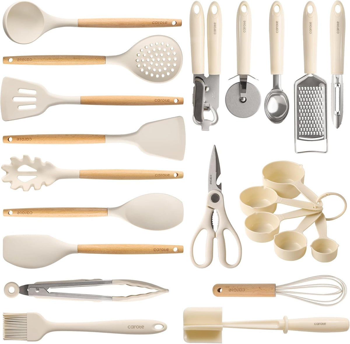 22-piece set covering turners, ladle, spatulas, skimmer, pasta server, whisk, shears, can opener, basting brush, tongs, cheese grater, potato masher, ice cream scoop, pizza cutter, peeler, and measuring cups