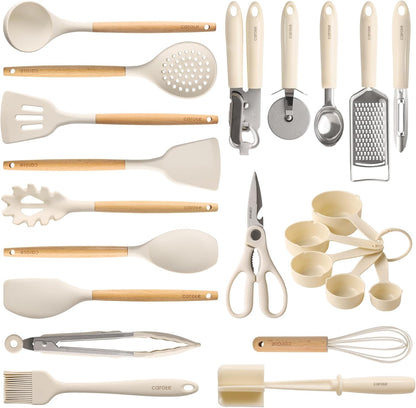 22-piece set covering turners, ladle, spatulas, skimmer, pasta server, whisk, shears, can opener, basting brush, tongs, cheese grater, potato masher, ice cream scoop, pizza cutter, peeler, and measuring cups