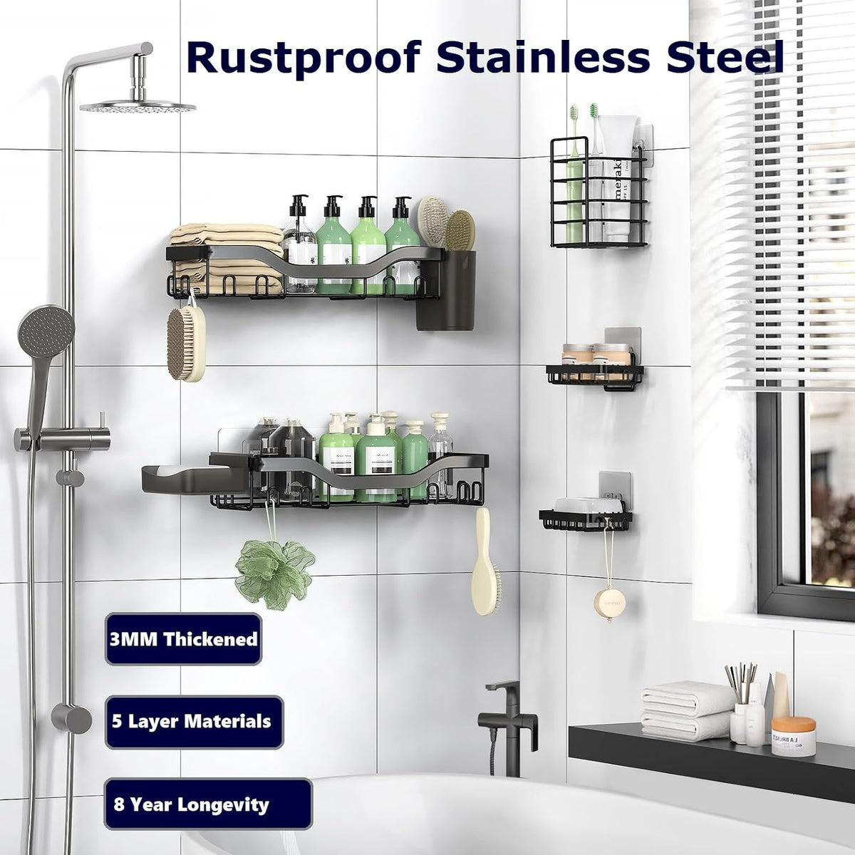 24 total integrated hooks for razors, loofahs, towels, and accessories
