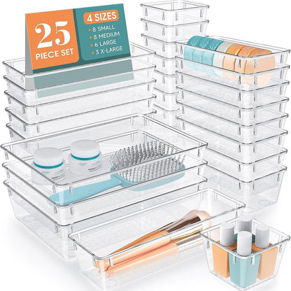 25 bins in 4 sizes: 9x6x1.8" (3 pcs), 9x3x1.8" (6 pcs), 6x3x1.8" (8 pcs), 3x3x1.8" (8 pcs)